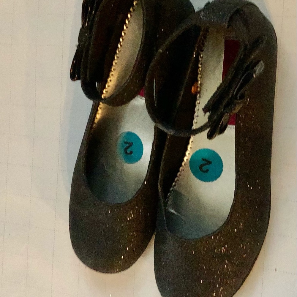 Rachel  LOUISA Black Ankle Bow Strap Glitter Mary Jane Girls Shoes SZ 2 M,